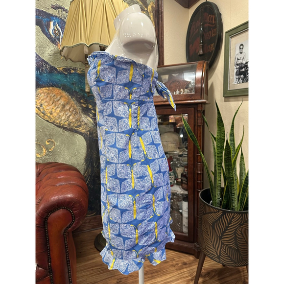 Lilly Pulitzer Strapless Dress Blue Yellow Butterfly Print Size 6 - Picture 3 of 10
